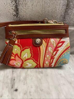 Spartina 449 Red Floral Canvas Wristlet with Brown Trim and Tassel